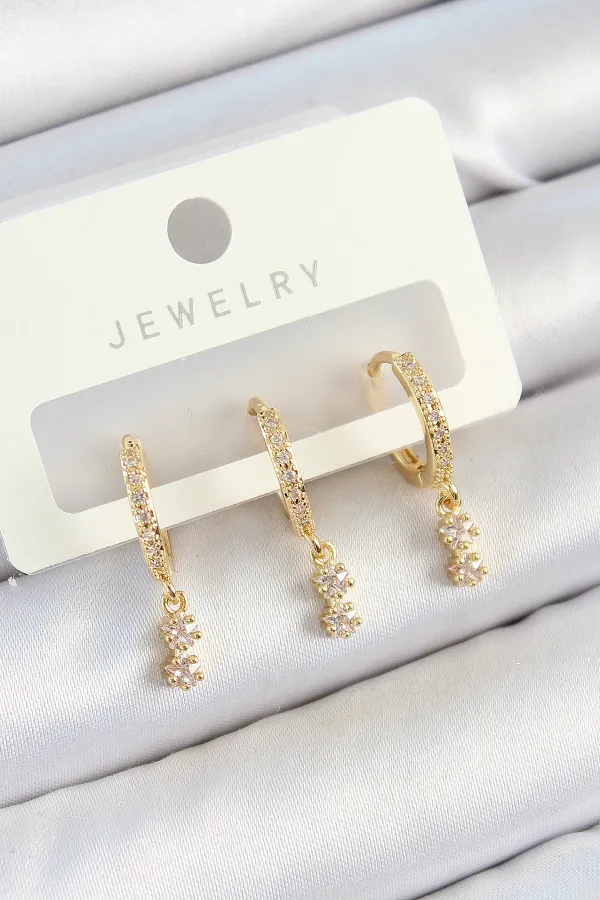 Pirinç Zirkon Taşlı Sallantılı Yıldız Model Gold Renk 3'lü Çift Kadın Küpe Set
