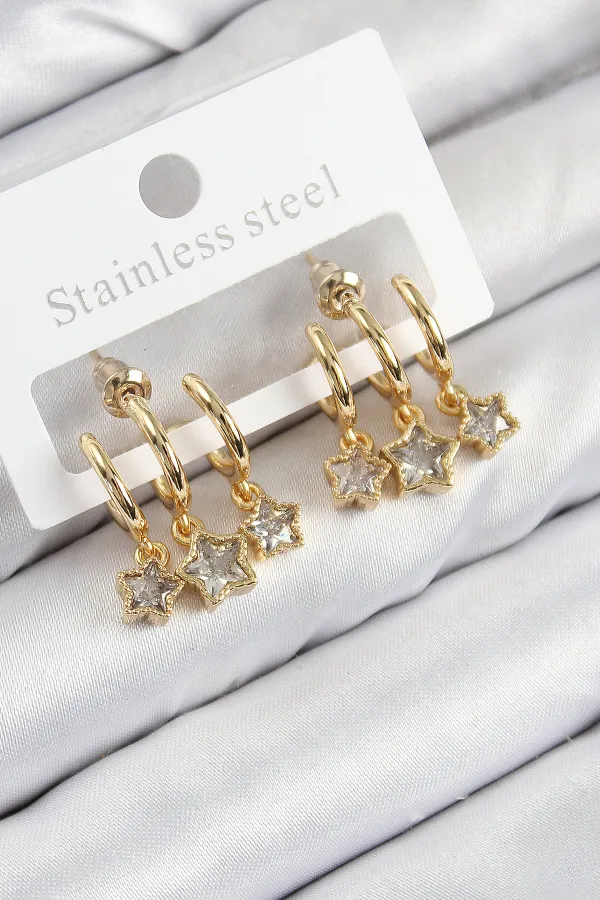 Pirinç Zirkon Taşlı Sallantılı Yıldız Model Gold Renk Kadın Küpe