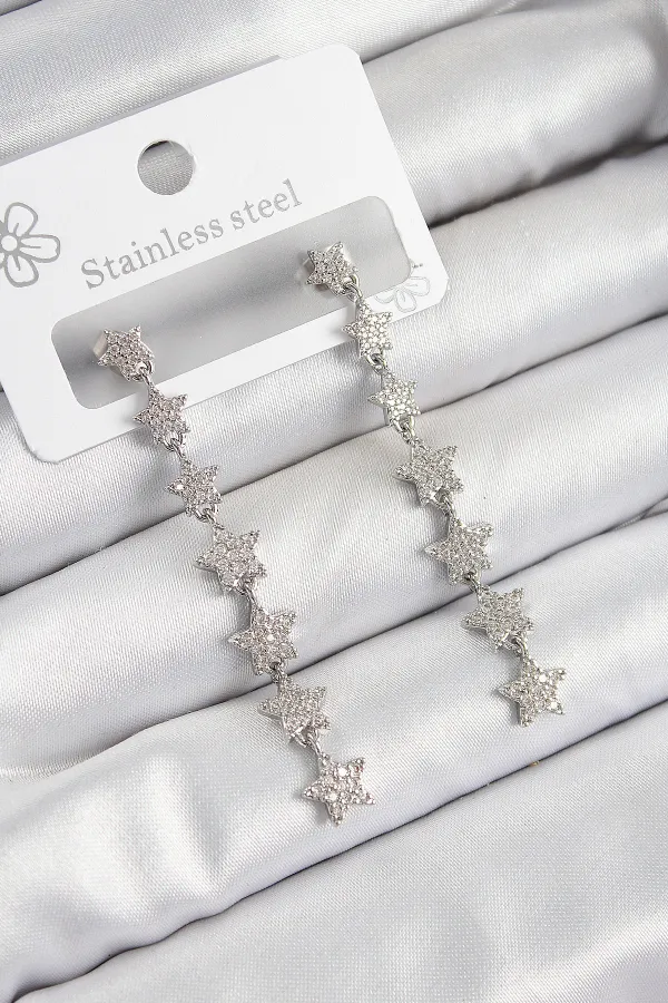 Pirinç Zirkon Taşlı Sallantılı Yıldız Model Gümüş Renk Kadın Küpe