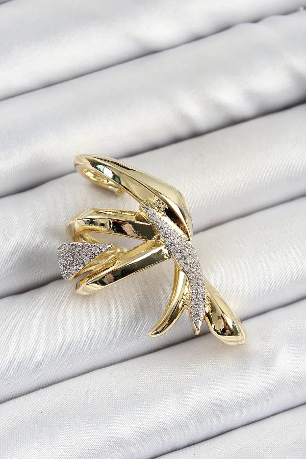 Pirinç Zirkon Taşlı Sıkıştırma Sağ Kıkırdak Gold Renk Kadın Küpe