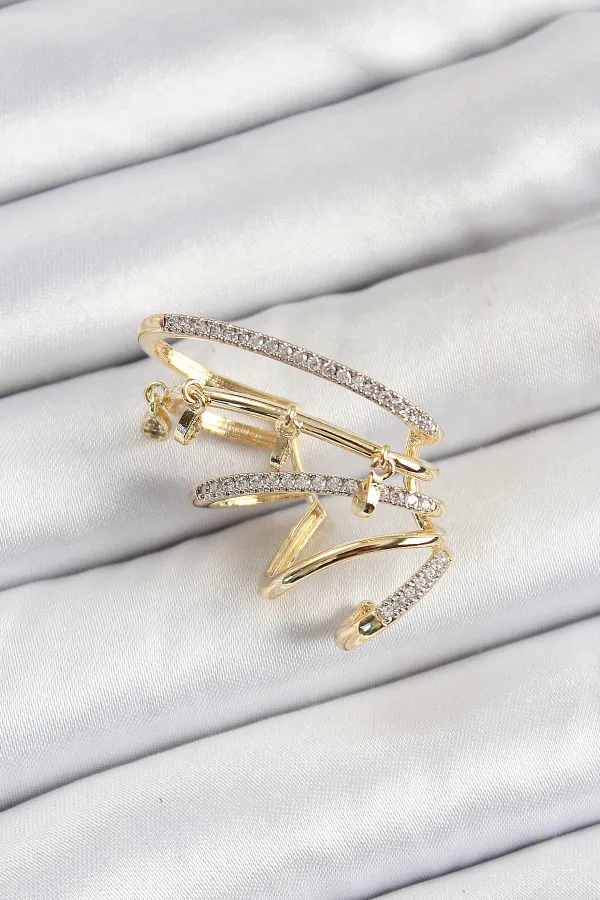 Pirinç Zirkon Taşlı Sıkıştırma Sağ Kıkırdak Gold Renk Kadın Küpe