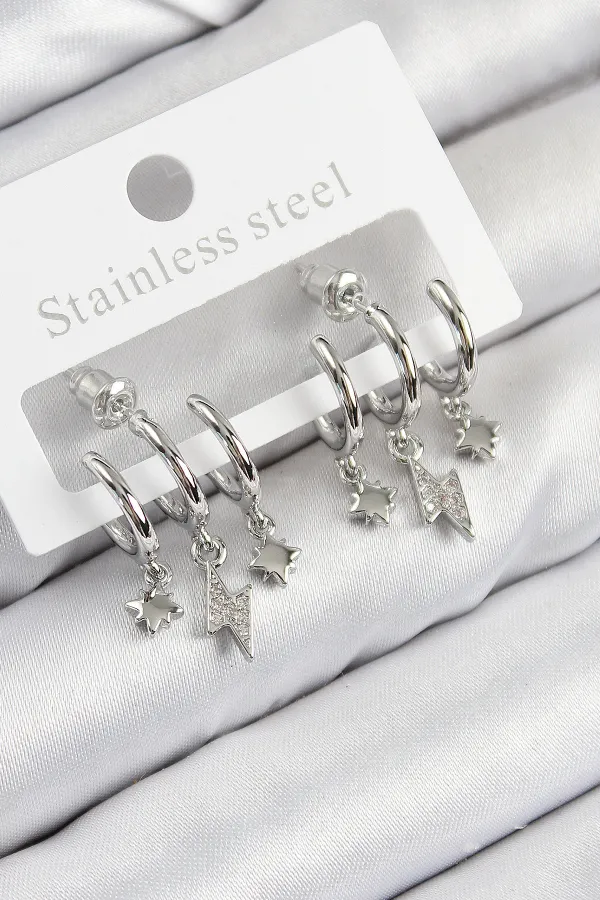 Pirinç Zirkon Taşlı Şimşek Model Gümüş Renk Kadın Küpe