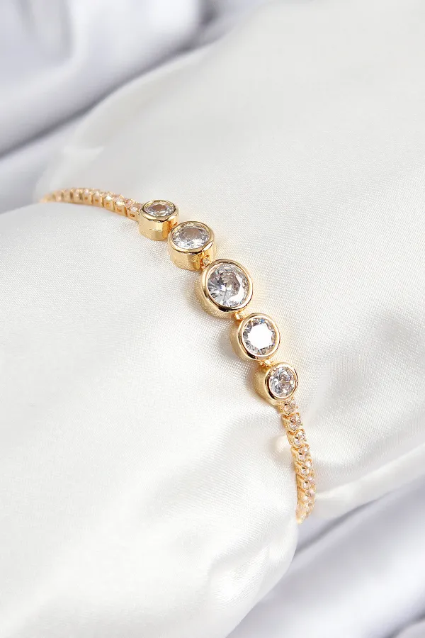 Pirinç Zirkon Taşlı Sıralı Daire Model Gold Renk Asansörlü Kadın Bileklik