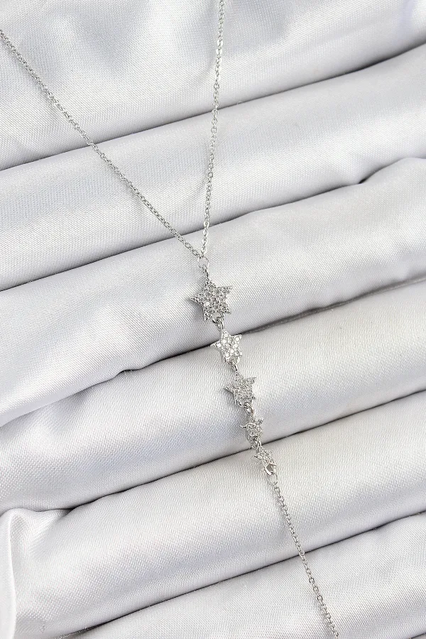 Pirinç Zirkon Taşlı Sıralı Yıldız Figürlü Y Model Gümüş Renk Kadın Kolye