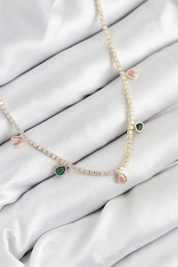 Pirinç Zirkon Taşlı Su Yolu Damla Model Gold Renk Kadın Kolye