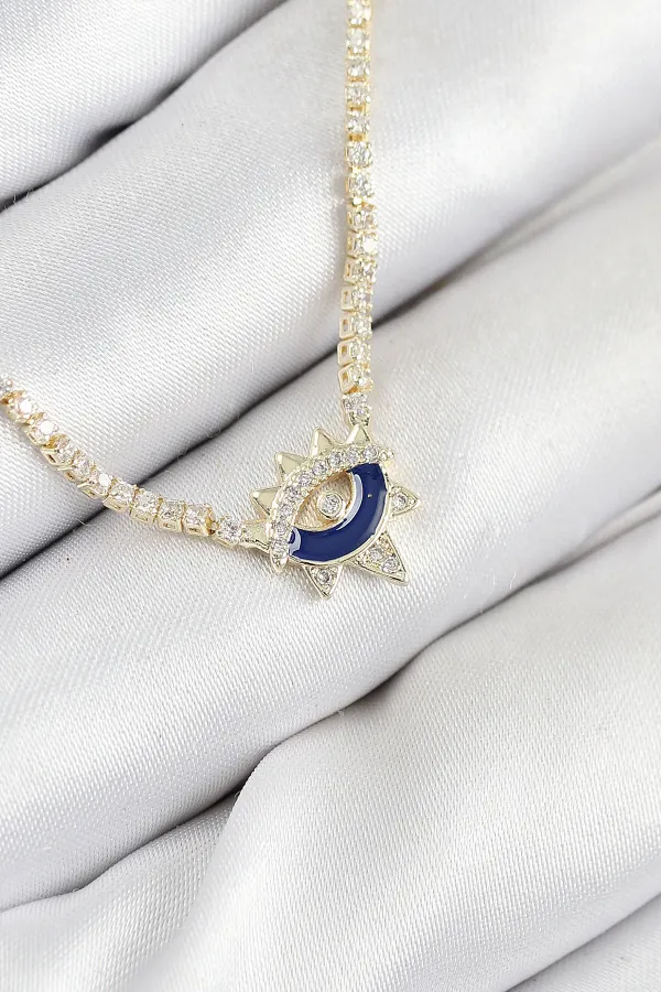 Pirinç Zirkon Taşlı Su Yolu Göz Model Gold Renk Kadın Kolye