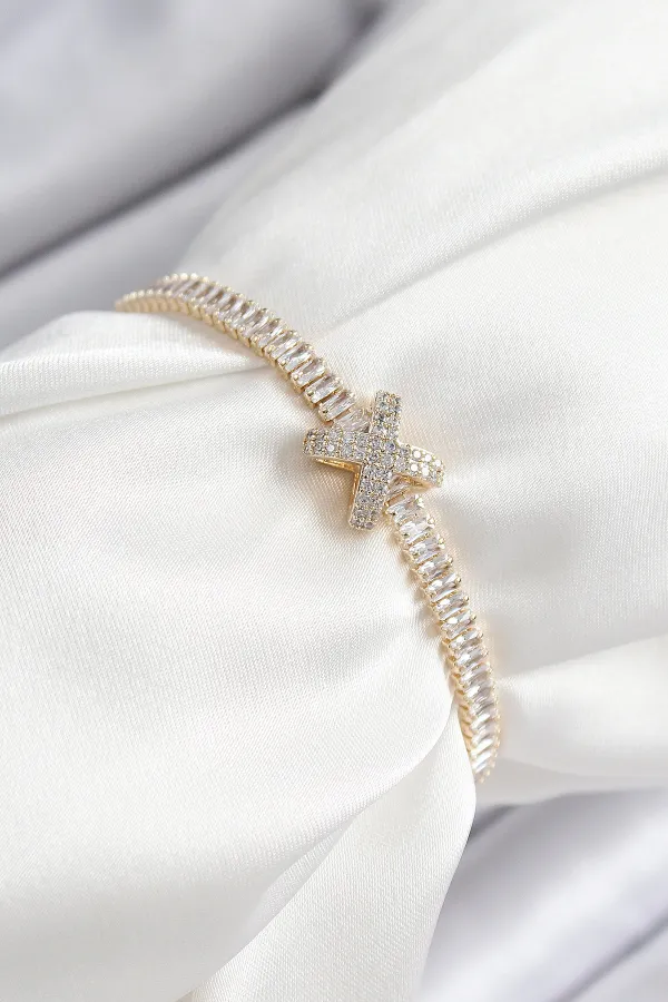 Pirinç Zirkon Taşlı X Detaylı Su Yolu Model Gold Renk Asansörlü Kadın Bileklik