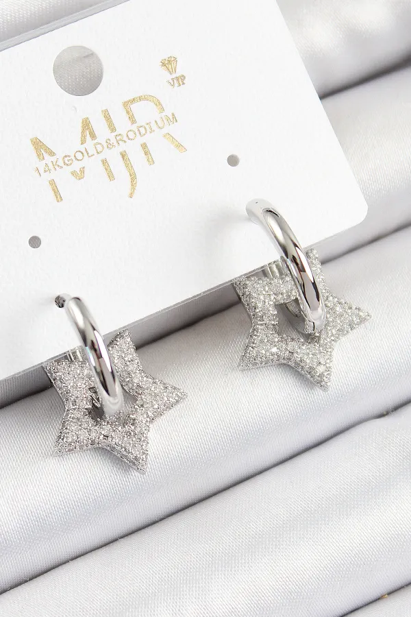 Pirinç Zirkon Taşlı Yıldız Figürlü Halka Model Gümüş Renk Kadın Küpe