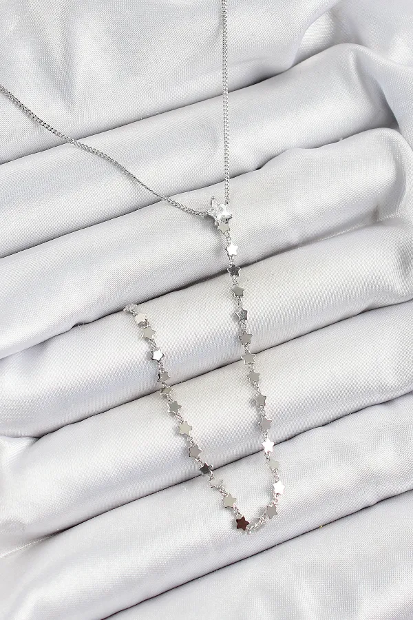 Pirinç Zirkon Taşlı Yıldız Figürlü Y Model Gümüş Renk Kadın Kolye