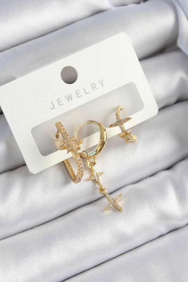 Pirinç Zirkon Taşlı Yıldız Model Gold Renk 3'lü Çift Kadın Küpe Set