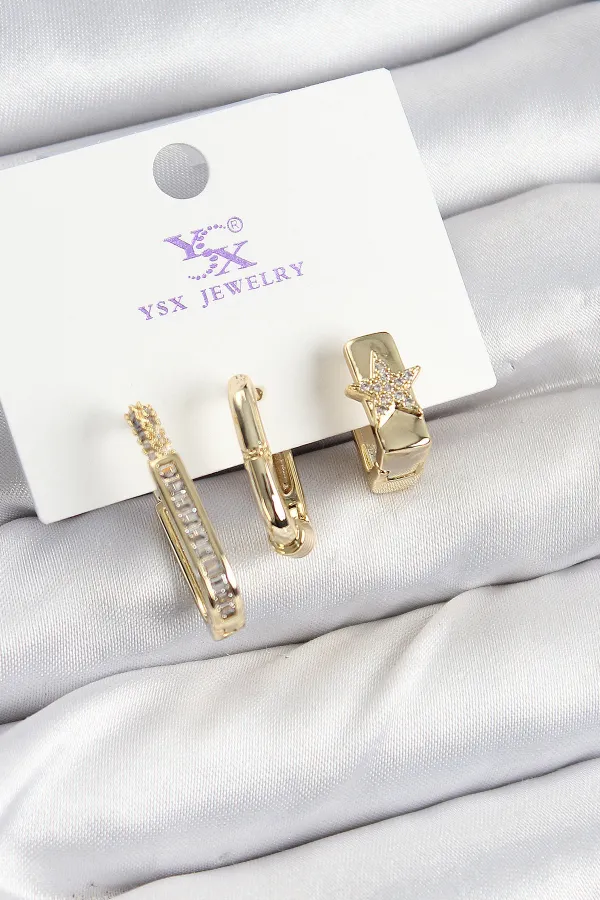 Pirinç Zİrkon Taşlı Yıldız Model Gold Renk 3'lü Kadın Küpe