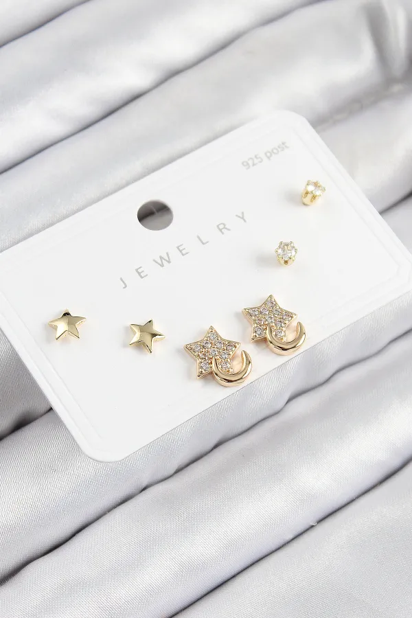 Pirinç Zirkon Taşlı Yıldız Model Gold Renk 925 Ayar Gümüş Çivi Kadın Küpe Set