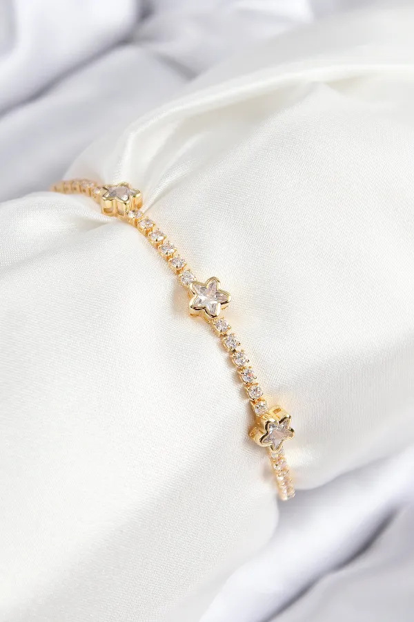 Pirinç Zirkon Taşlı Yıldız Model Gold Renk Asansörlü Kadın Bileklik