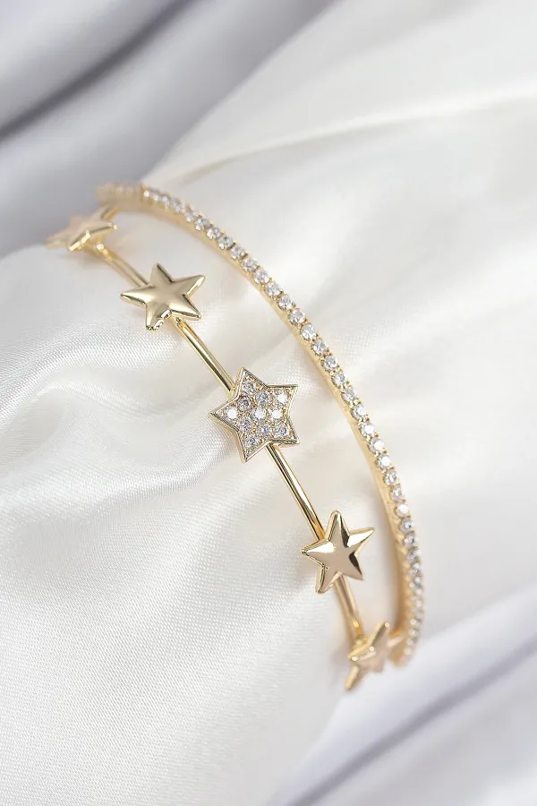 Pirinç Zirkon Taşlı Yıldız Model Gold Renk Kadın Bileklik