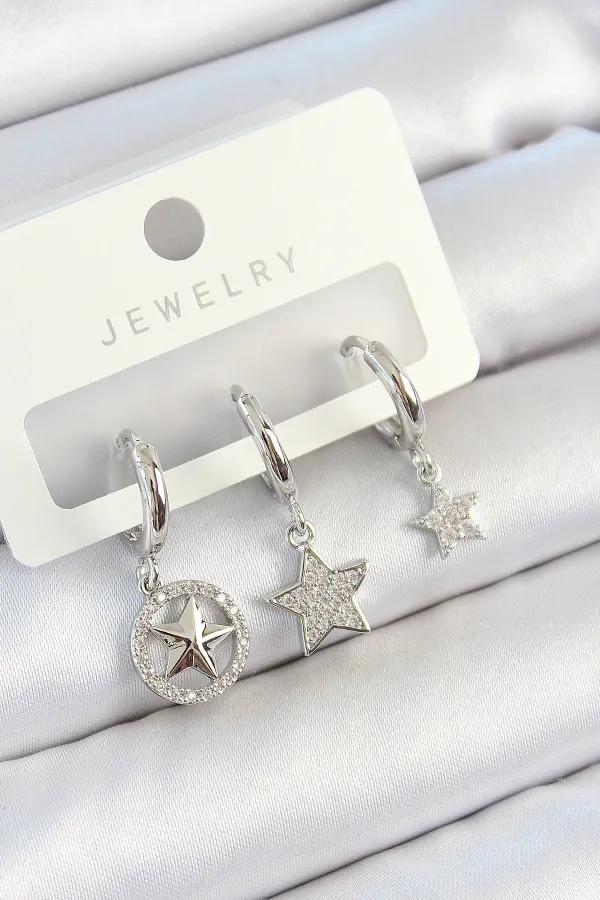 Pirinç Zirkon Taşlı Yıldız Model Gümüş Renk 3'lü Çift Kadın Küpe Set