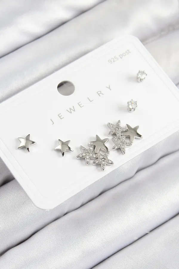 Pirinç Zirkon Taşlı Yıldız Model Gümüş Renk 925 Ayar Gümüş Çivi Kadın Küpe Set