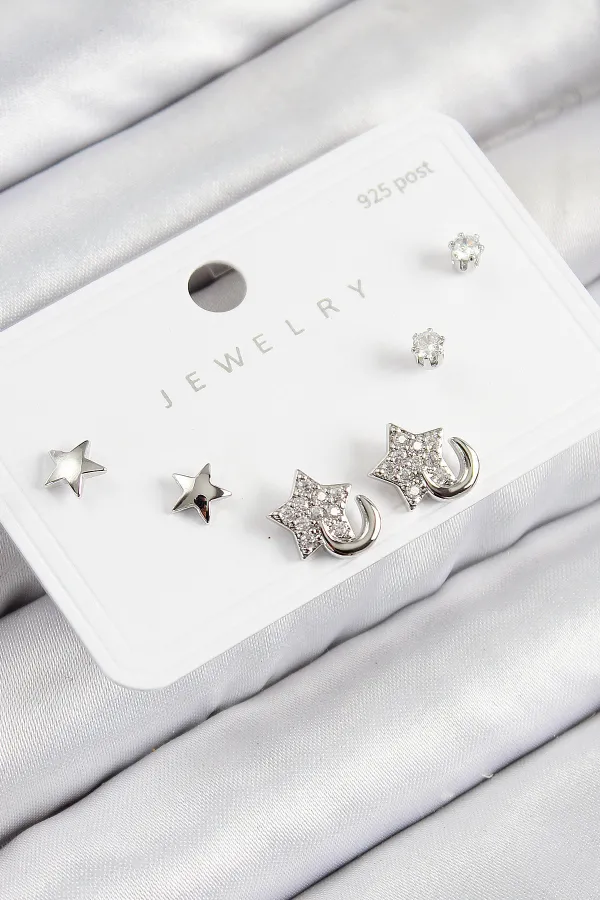 Pirinç Zirkon Taşlı Yıldız Model Gümüş Renk 925 Ayar Gümüş Çivi Kadın Küpe Set