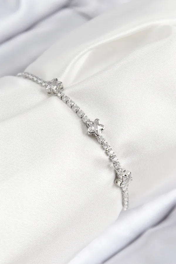 Pirinç Zirkon Taşlı Yıldız Model Gümüş Renk Asansörlü Kadın Bileklik