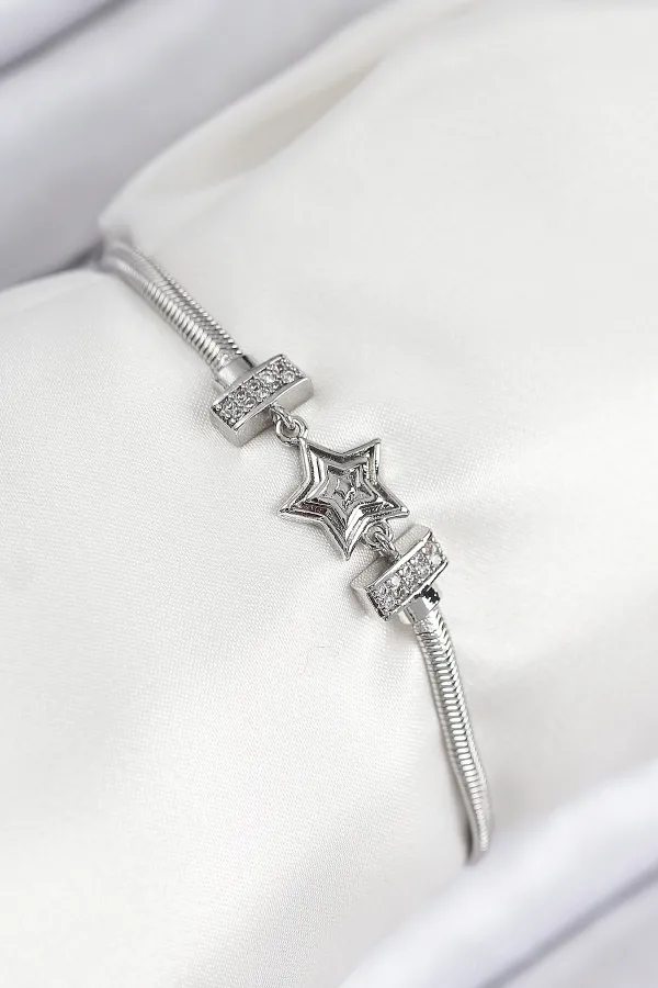 Pirinç Zirkon Taşlı Yıldız Model Gümüş Renk Kadın Bileklik