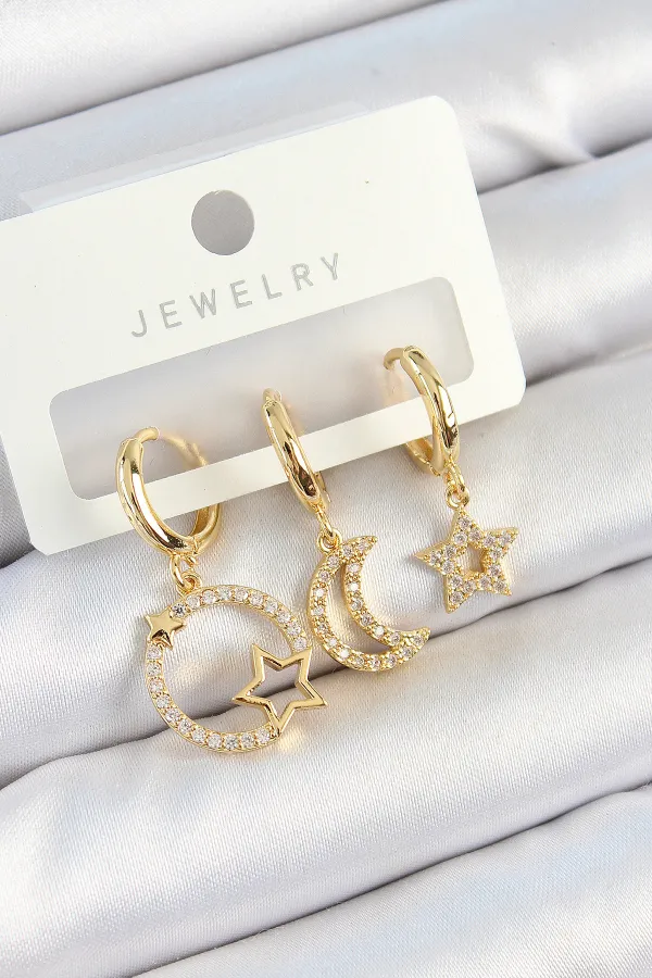 Pirinç Zirkon Taşlı Yıldız Ve Ay Model Gold Renk 3'lü Çift Kadın Küpe Set
