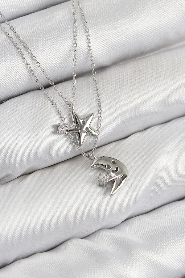 Pirinç Zirkon Taşlı Yıldız Ve Ay Model Gümüş Renk Kadın Kolye