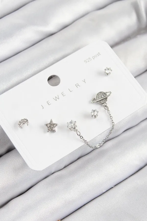 Pirinç Zirkon Taşlı Yıldız Ve Gezegen Model Gümüş Renk 925 Ayar Gümüş Çivi Kadın Küpe Set