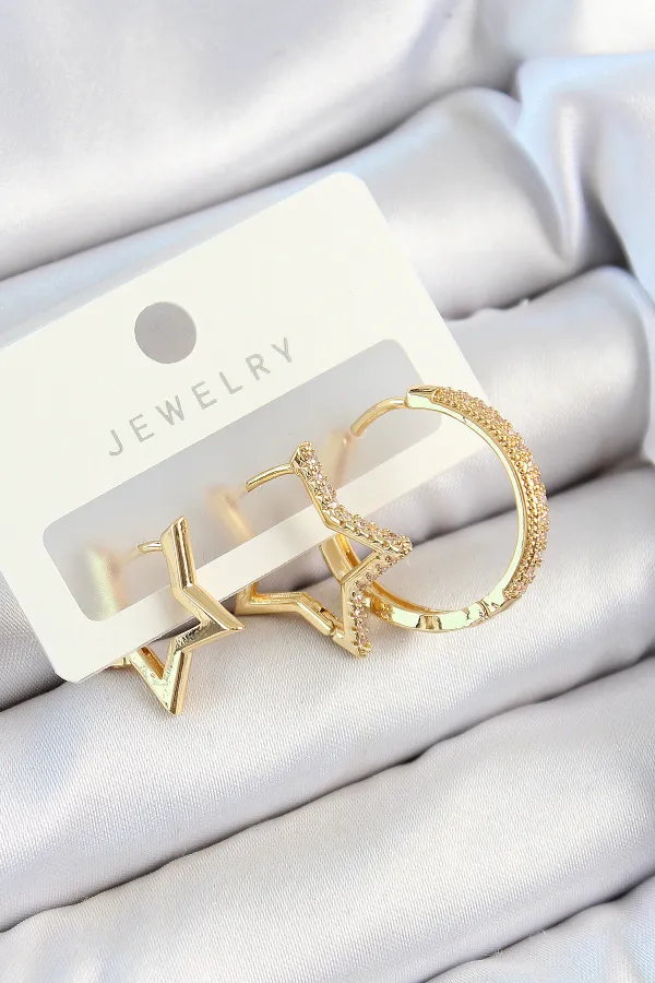Pirinç Zirkon Taşlı Yıldız Ve Halka Model Gold Renk 3'lü Çift Kadın Küpe Set