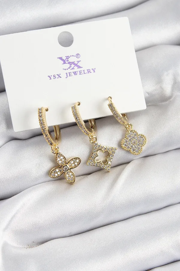 Pirinç Zİrkon Taşlı Yonca Model Gold Renk 3'lü Kadın Küpe