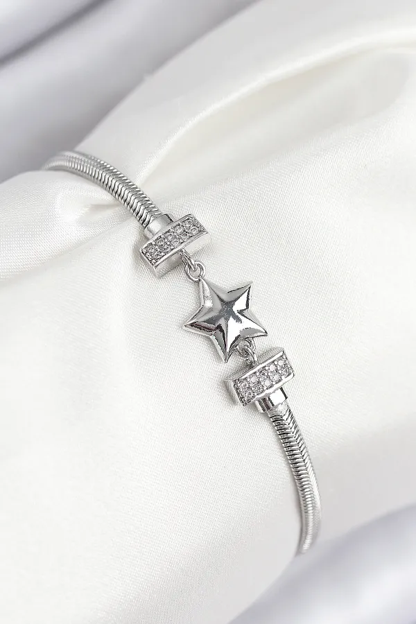 Pirinç Zirkon Taşlı Yonca Model Gümüş Renk Kadın Bileklik