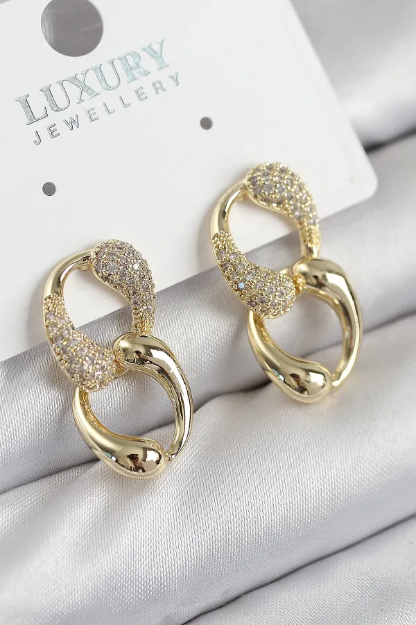 Pirinç Zirkon Taşlı Zincir Model Gold Renk Kadın Küpe