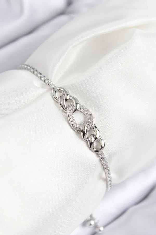 Pirinç Zirkon Taşlı Zincir Model Gümüş Renk Asansörlü Kadın Bileklik