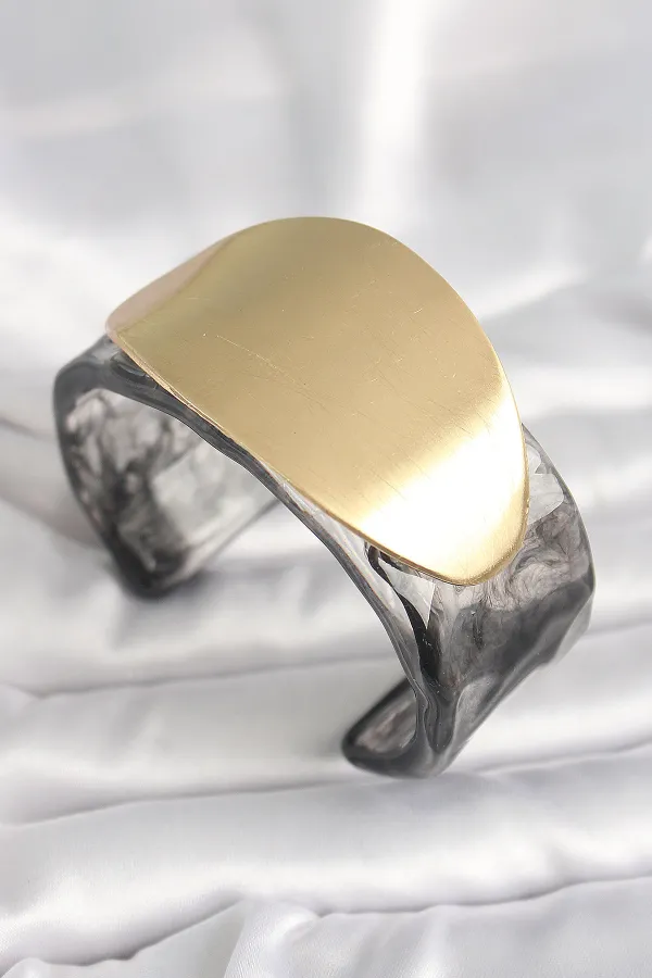Siyah Mermer Desen Akrilik Plastik Gold Oval Plaka Model Vintage Kadın Bilezik