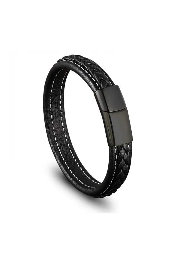 Siyah Siyah Saç Örgülü Deri Ve Çelik Bileklik