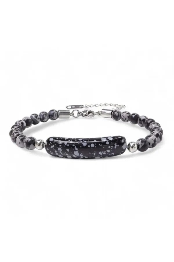 Snowy Obsidian Doğaltaş Çelik Halat Ve Çelik Klipsli Bileklik