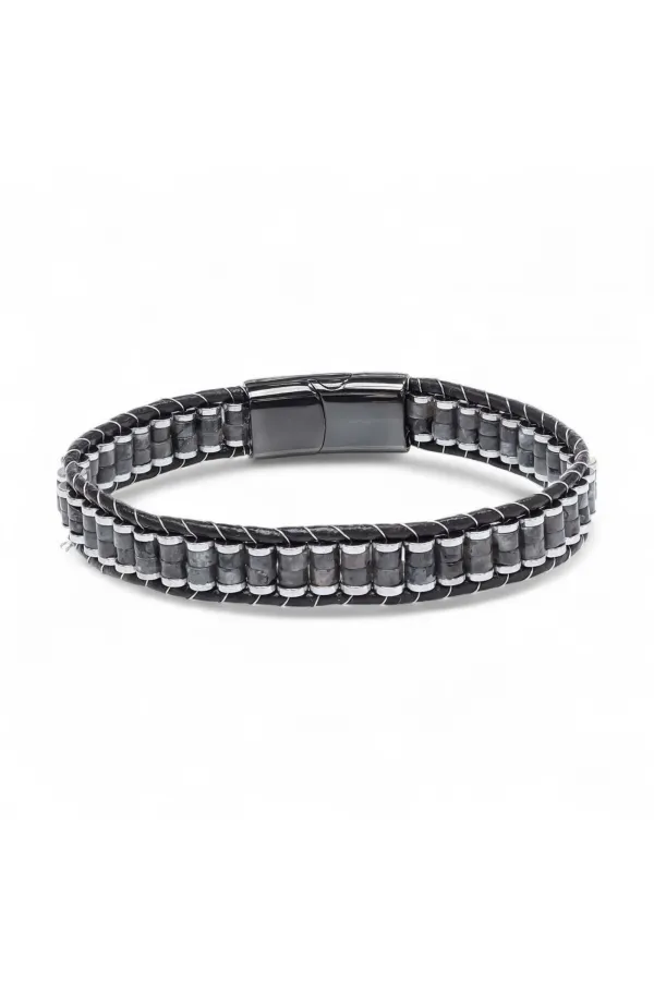 Spektrolit Hematit Çelik Örgülü Deri Bileklik