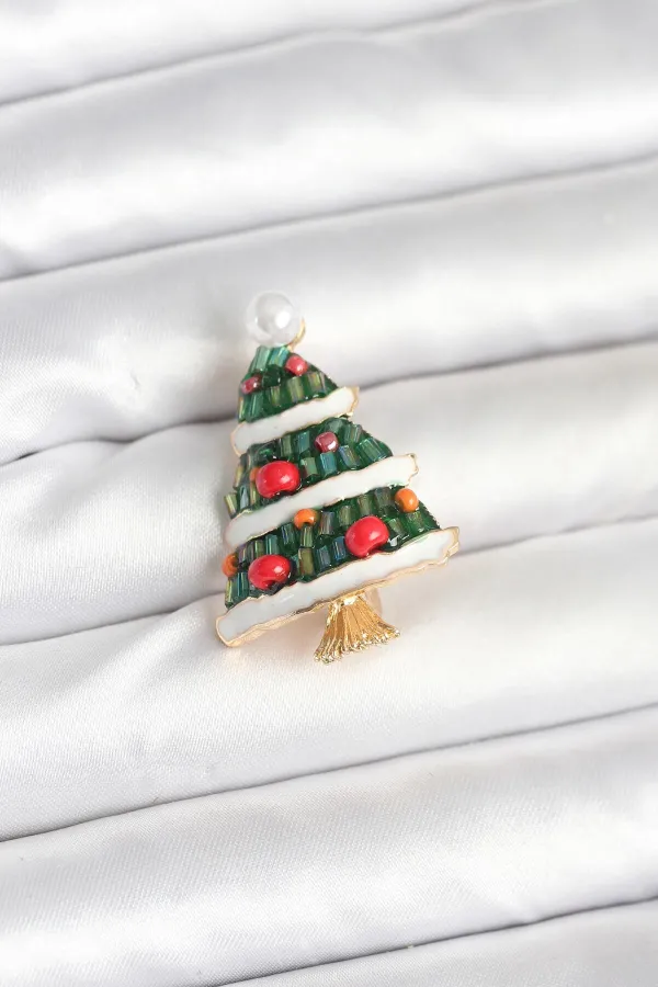 Süslü Çam Ağacı Model Yılbaşı Temalı Broş