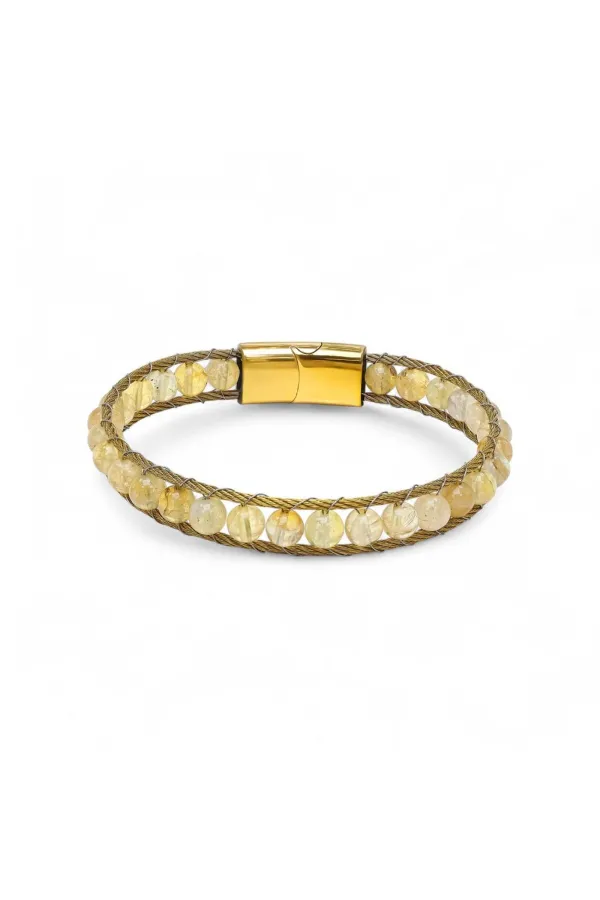 Titanyum Kilitli Sitrin Doğaltaş Ve 316L Çelik Halat Örme Erkek Bileklik