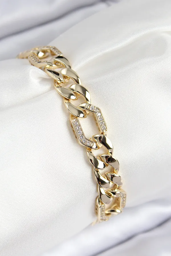VIP Pirinç Zirkon Taşlı Parçalı Zincir Model Gold Renk Kadın Bileklik