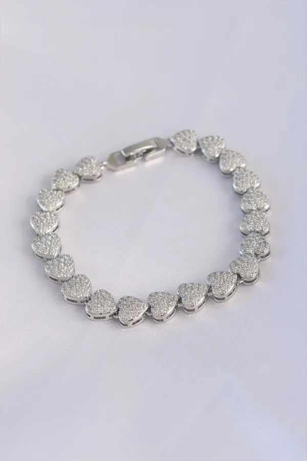 Vip Seri Pirinç Zirkon Taşlı Gümüş Renk Kalp Model Bileklik