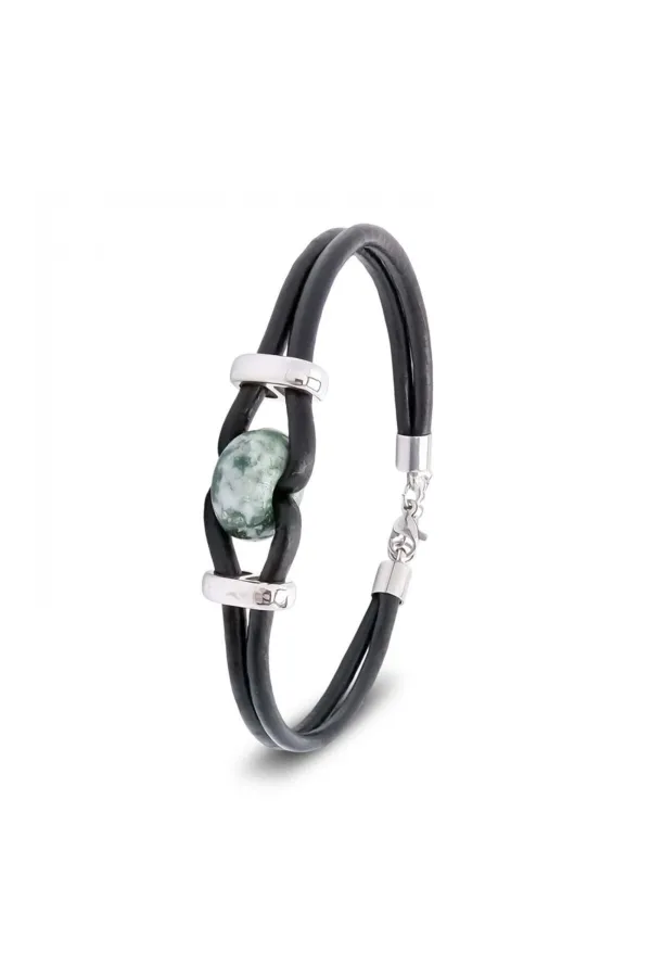 Yeşil Jasper Doğal Taşlı Deri Ve Çelik Bileklik