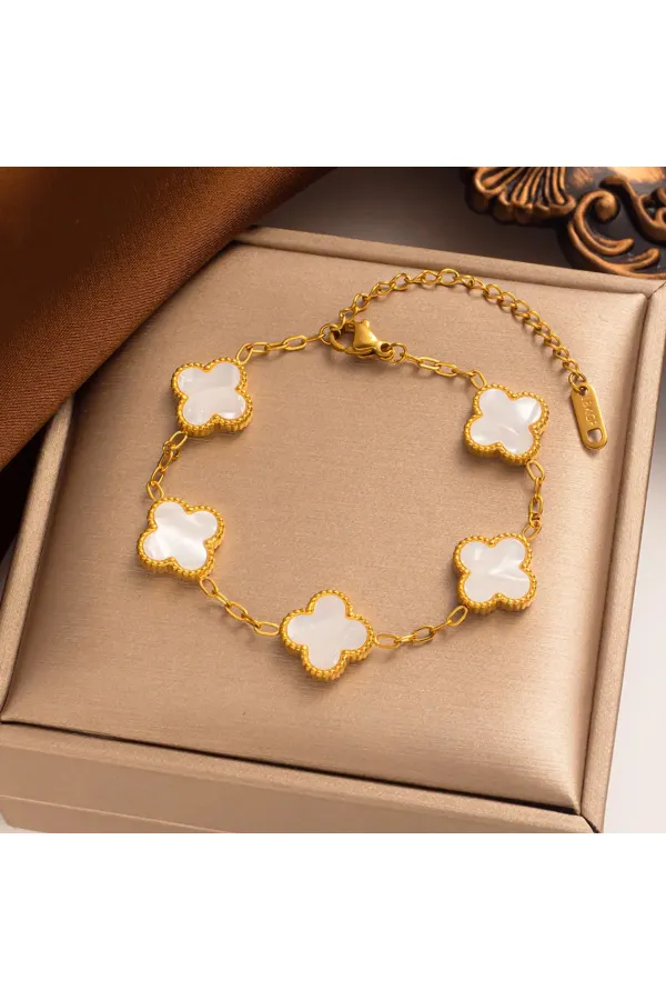 Yonca Bileklik  Gold Beyaz | 316l Çelik - Kararmaz | Hediye Kadın