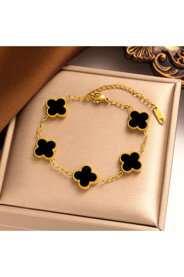 Yonca Bileklik Gold Siyah | 316l Çelik - Kararmaz | Hediye Kadın