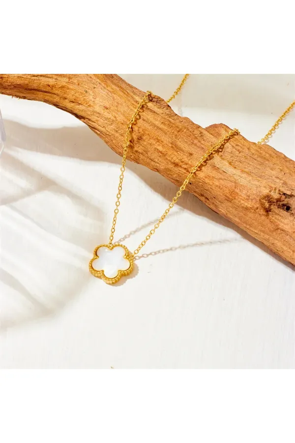 Yonca Kolye Gold Beyaz | 316l Çelik - Kararmaz | Hediye Kadın