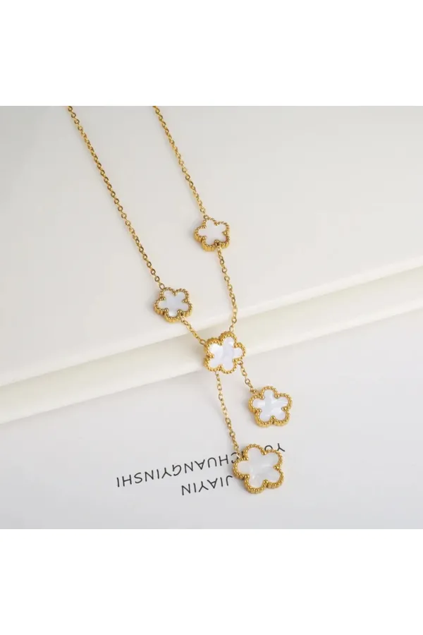 Yonca Kolye Gold Beyaz 5 Li | 316l Çelik - Kararmaz | Hediye Kadın