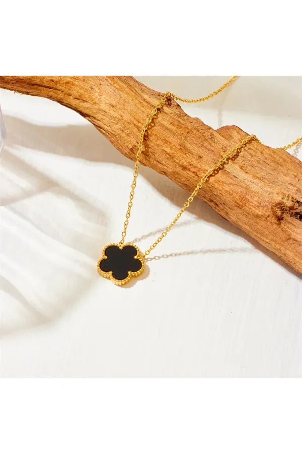 Yonca Kolye Gold Siyah | 316l Çelik - Kararmaz | Hediye Kadın