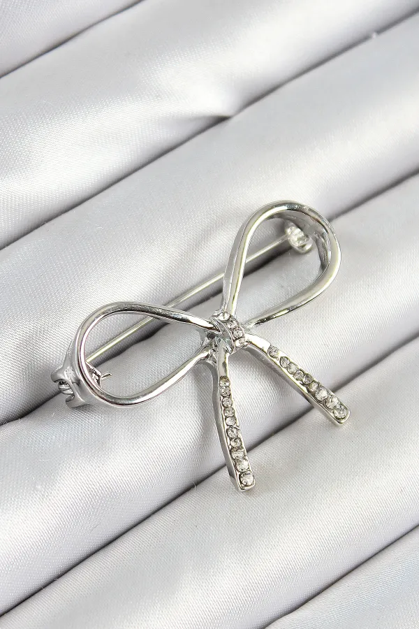 Zirkon Taş Detaylı Fiyonk Figürlü Gümüş Renk Kadın Broş