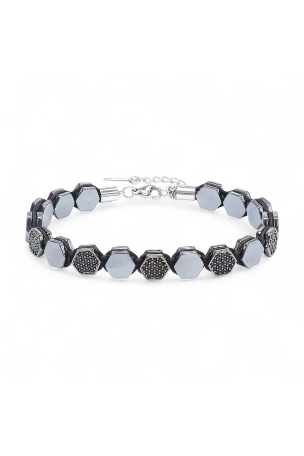 Zirkon Taşlı Ayarlanabilir Hematit Çelik Bileklik