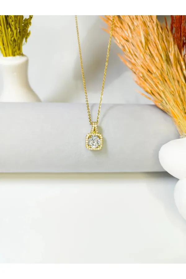 Zirkon Taşlı Baget Kolye Gold | 316l Çelik - Kararmaz | Hediye Kadın