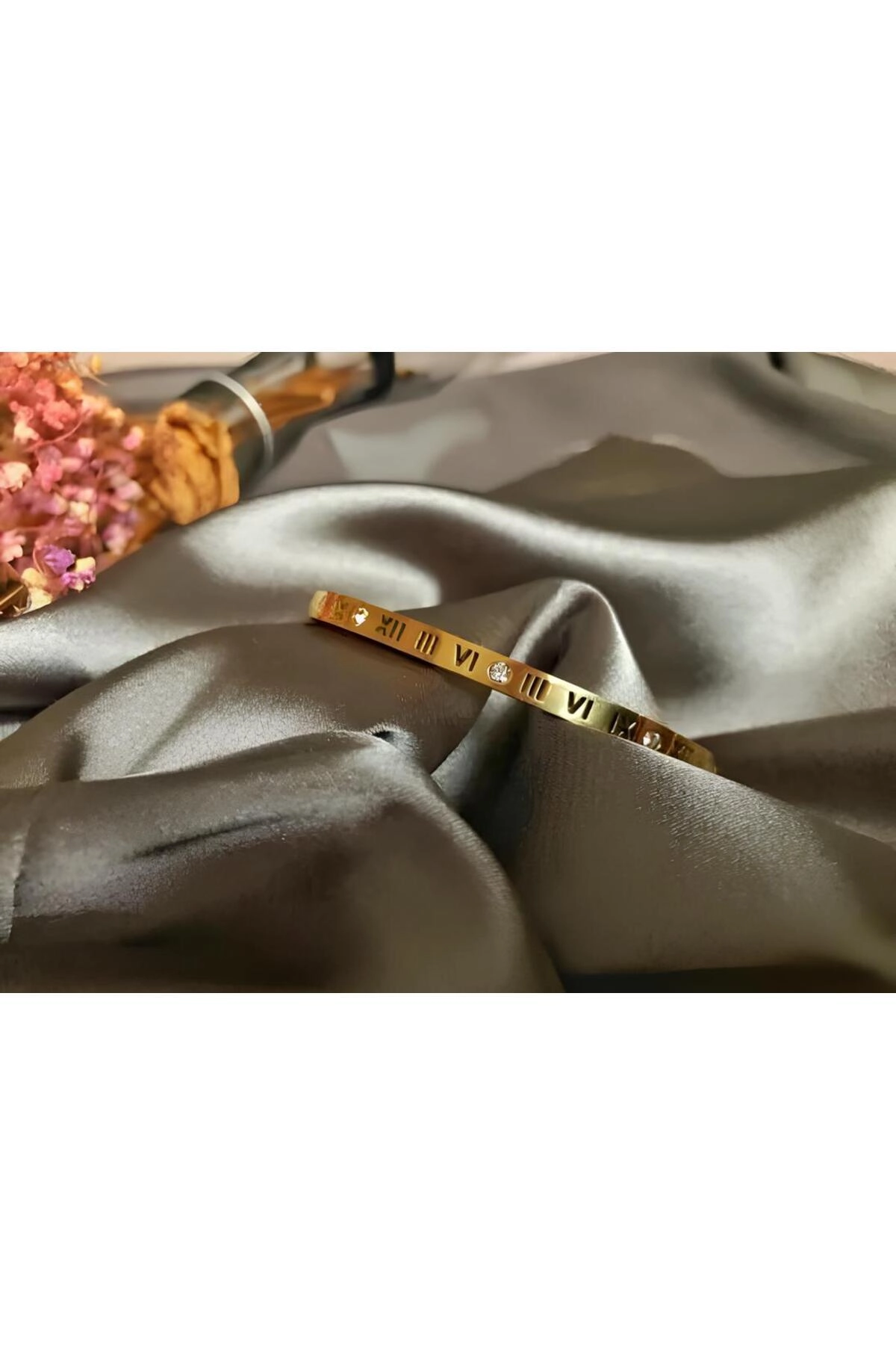 Roma Rakamlı Ince Bileklik Taşlı Gold | 316l Çelik - Kararmaz | Hediye Kadın-2