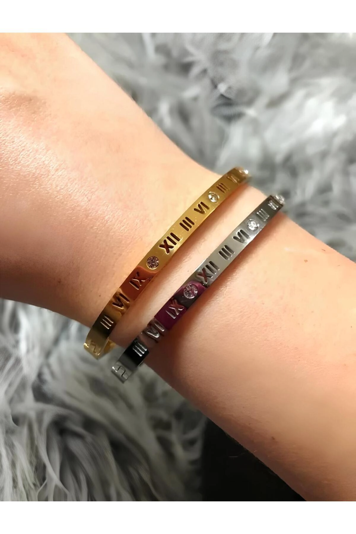 Roma Rakamlı Ince Bileklik Taşlı Gold | 316l Çelik - Kararmaz | Hediye Kadın-4